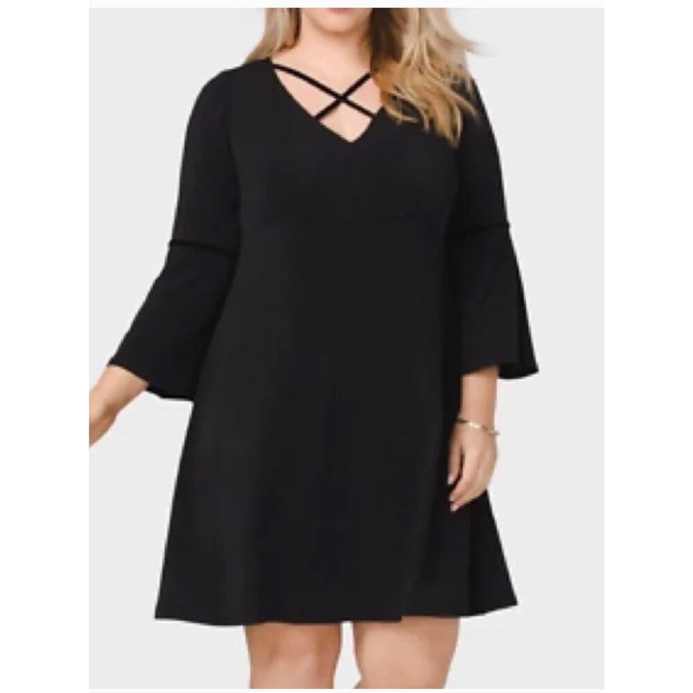 Ashley Graham Black Dress Criss Cross Neckline Sz 12 Bell Sleeve Boho Flowy